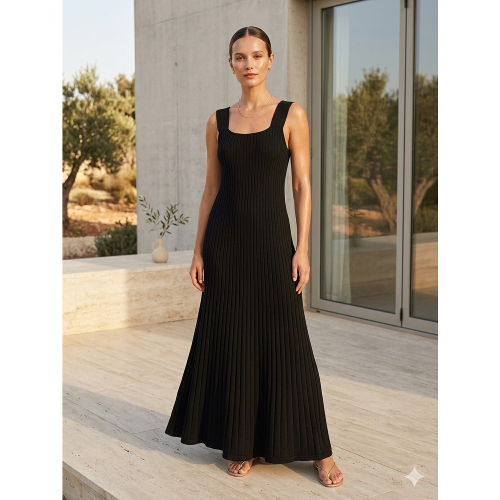 NWT RIHOAS Ponte Knit Maxi Dress Womens S/M Black Minimalist Square Neck